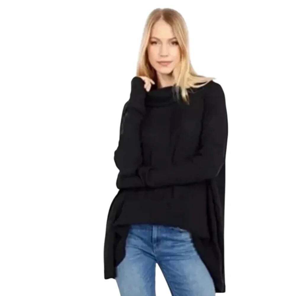 Free People Juicy Black Ribbed Knit Cowl Neck Tunic Top. NWT Small Oversized - Picture 2 of 15